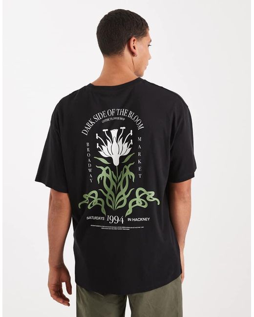 T-Shirt Oversize Nera Con Stampa Di Fiore Sul Retro di Jack & Jones in Black da Uomo