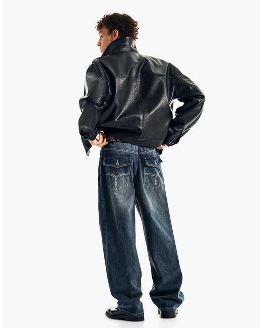Bershka Blue Tall Embroidered Super baggy Jeans for men