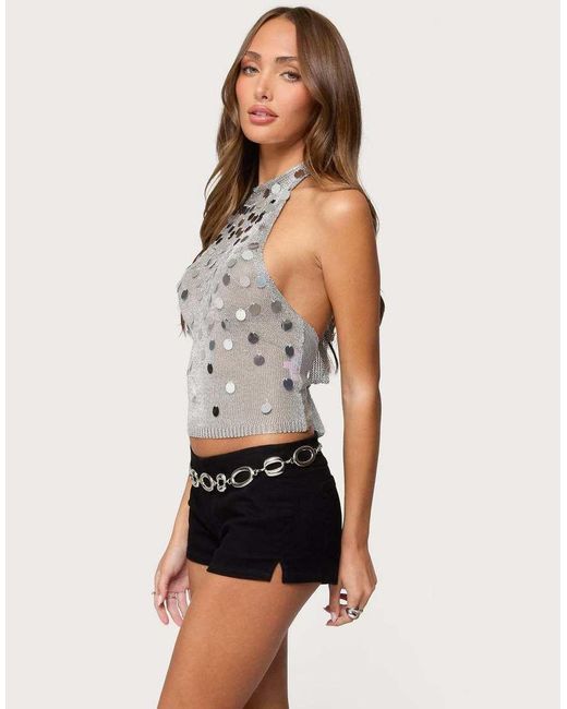 Edikted Metallic Shiny Sequin Backless Halter Top