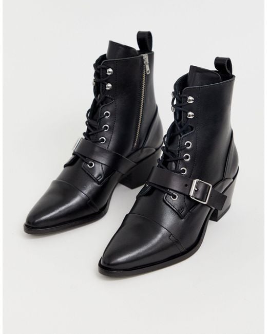 AllSaints Katy Lace Up Heeled Leather Boots With Buckle in Black