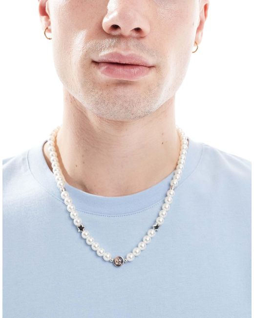 Jack & Jones Blue Pearl Necklace With Smile Faces for men