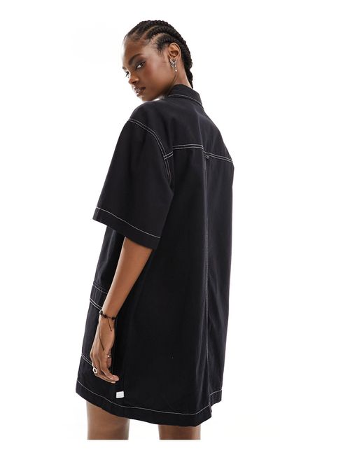 Collusion Black Twill Mini Pocket Shirt Dress With Contrast Stitch Detail