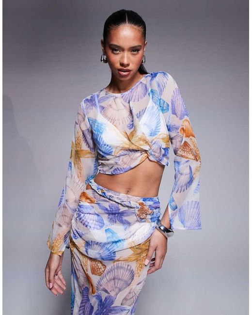 ASOS Crop Top Van Chiffon Met Lange Mouwen En Schelpenprint, Deel Van Co-Ord Set in het Gray
