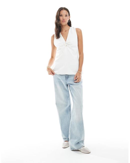 French Connection White Arlette Sleeveless Faux Pearl Detail Top