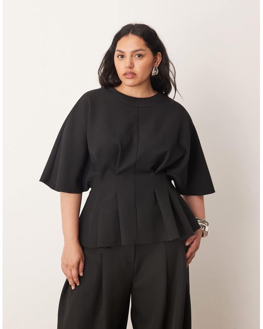 ARRANGE Black Curve Pleat Waist Short Sleeve Top