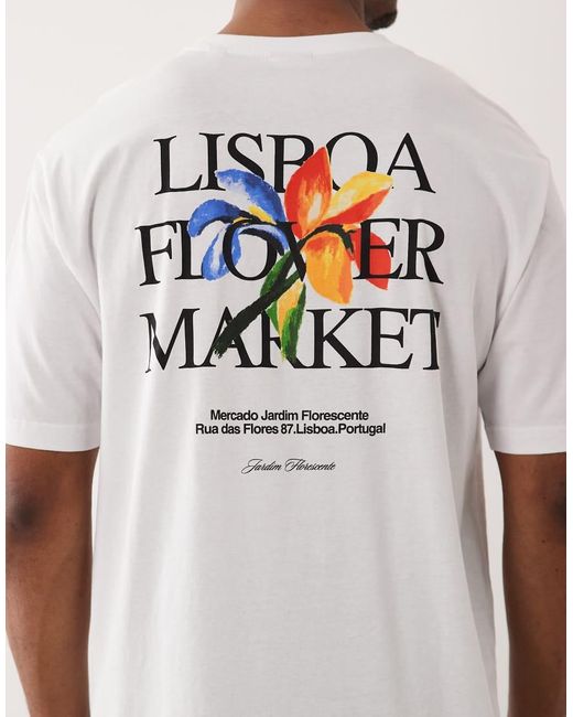 Only & Sons White Oversized T-shirt With Lisboa Floral Back Print for men