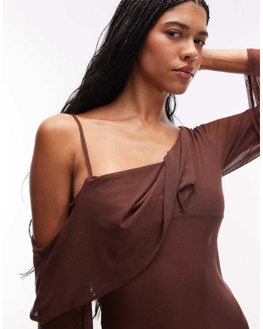 ASOS Brown Mesh Folded Neckline Maxi Dress With Fallen Shoulder