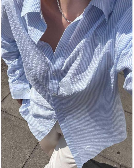 NA-KD Blue Seersucker Long Sleeve Shirt