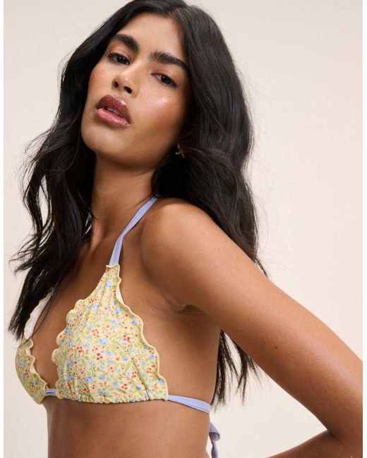 Nobody's Child Natural Ditsy Floral Frill Edge Bikini Top