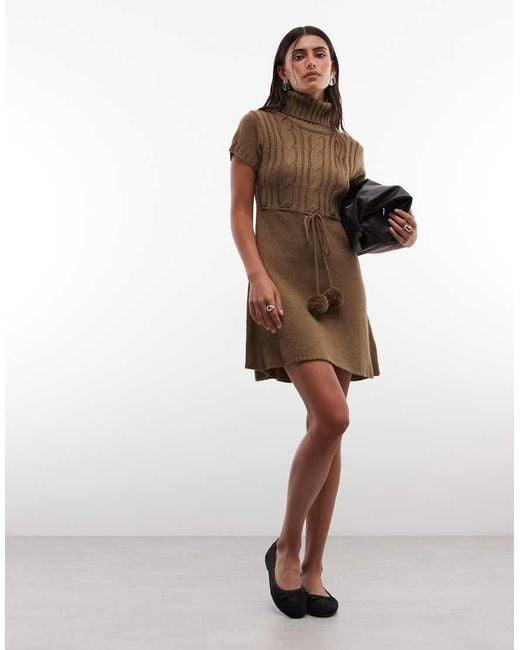 Daisy Street Brown High Neck Knit Mini Dress With Tie Pom Poms