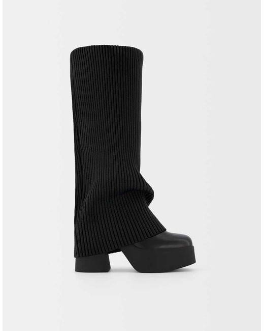 Bershka Black High Heel Platform Boots With Sock Detail
