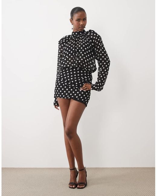 Noughts & Kisses Black High Neck Shoulder Pads Blouson Chiffon Mini Dress