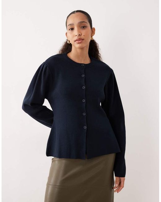 ASOS Blue Structured Knit Nipped Waist Puff Sleeve Cardigan