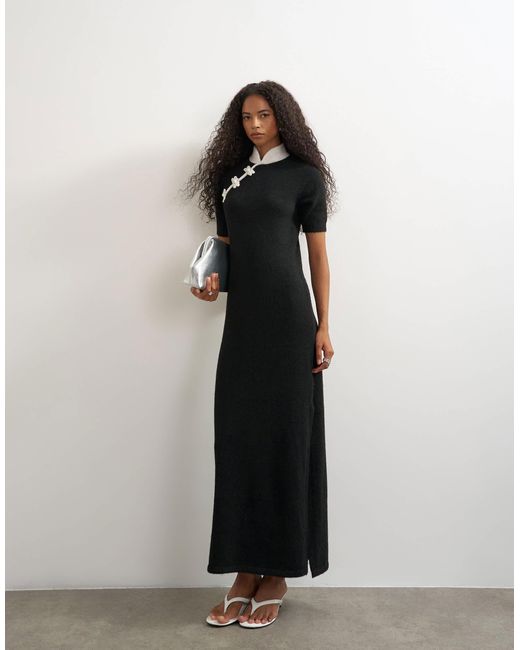 topshop black knitted dress Mandarin Collar Maxi With Wool in Sassy Magenta