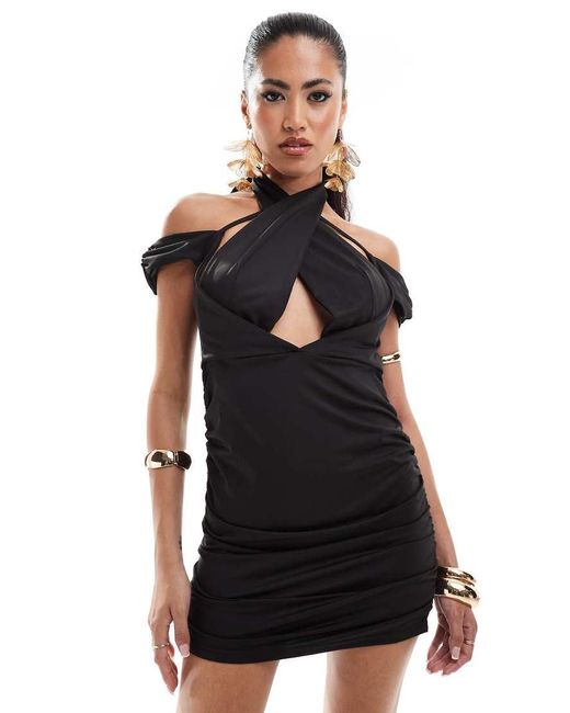 Murci Black Deep Plunge Bardot Sleeve Mini Dress