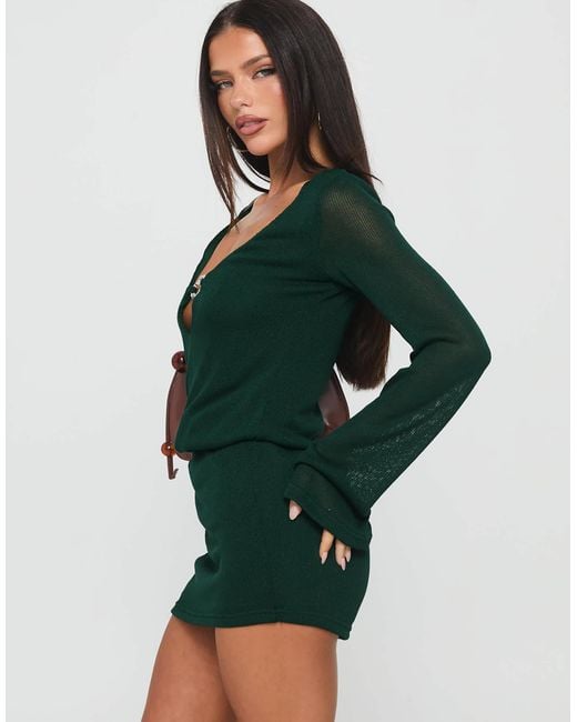 Princess Polly Charming Ribbed Knit Metal Hardware Plunge Mini Dress in  Green | Lyst