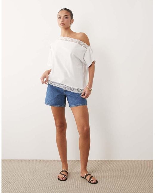 ASOS White Fallen Shoulder With Lace Trim Top