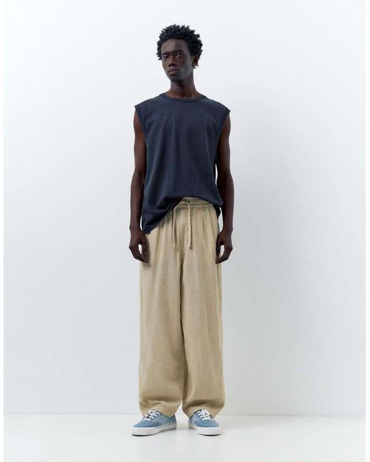 Pull&Bear Blue Linen Blend Trousers for men
