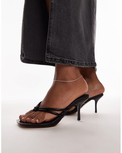 TOPSHOP Black Femi Toe Post Heeled Sandals With Knot Detail