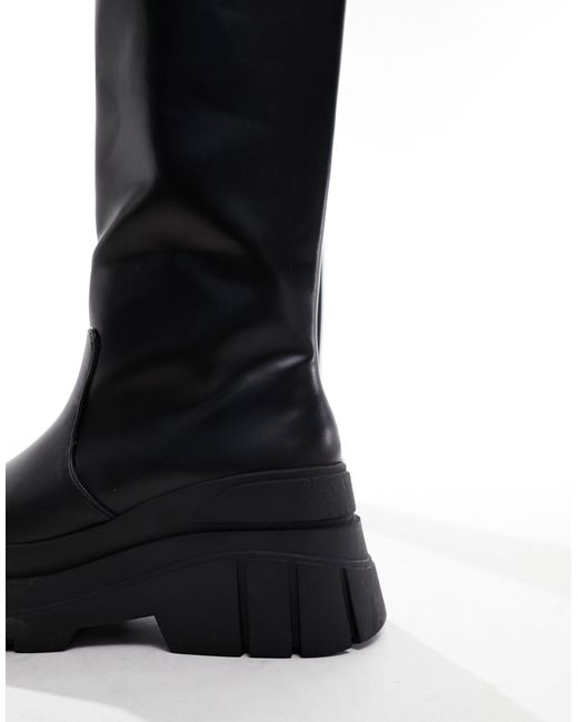 Bershka Black Cleated Sole Chunky Calf Length Boots