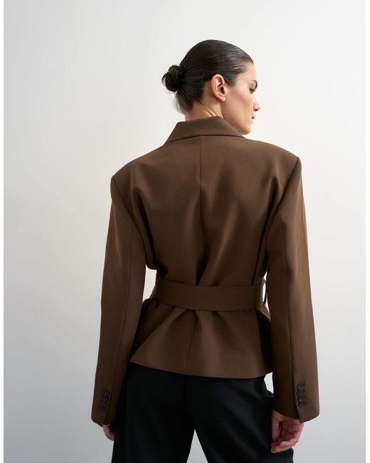 TOPSHOP Brown Cropped Belted Boxy Blazer