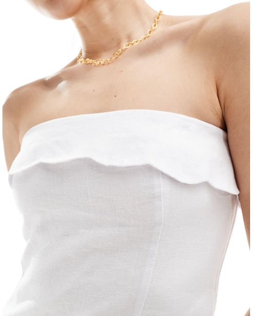 Abercrombie & Fitch White Linen Midi Strapless Dress With Scallop Edge