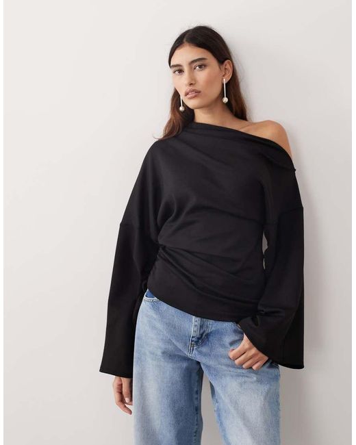 ARRANGE Black Jersey Off The Shoulder Wide Sleeves Top With Ruched Hem