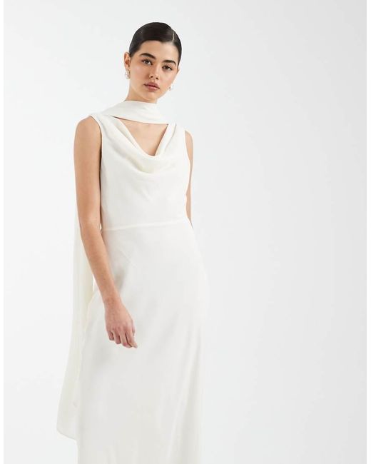 Six Stories White Bridesmaid Crepe Plunge Cowl Front Maxi Dress