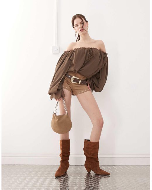 The Kript Brown Boho Off Shoulder Ruffle Top