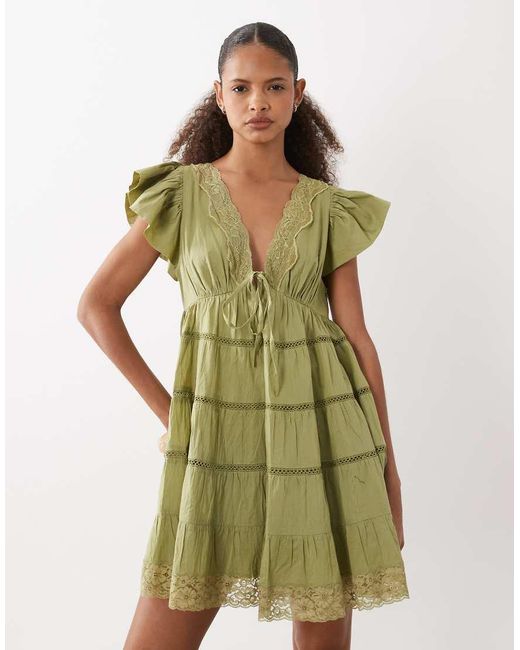 ASOS Natural Tie Front V Neck Mini Dress