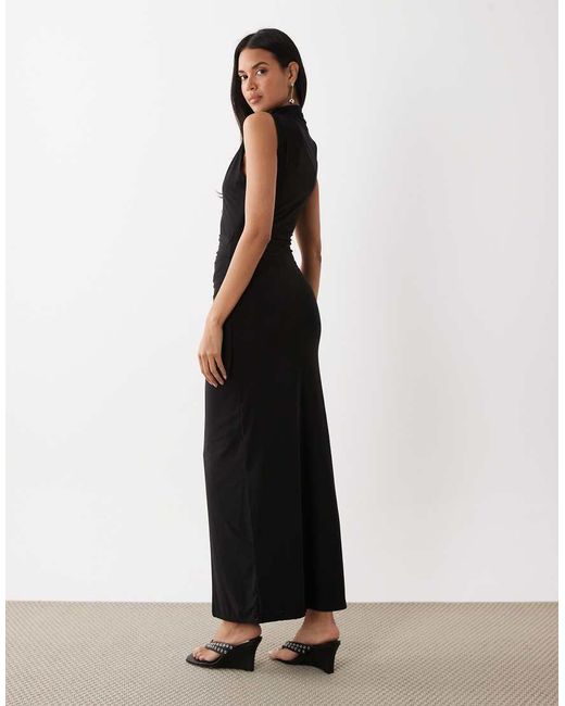 Kaiia Black Exclusive Double Layered Slinky High Neck Ruched Side Detail Maxi Dress