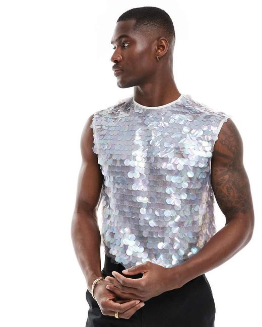 Camicia Squadrata Senza Maniche Bianca Con Paillettes A Disco di ASOS in Blue da Uomo