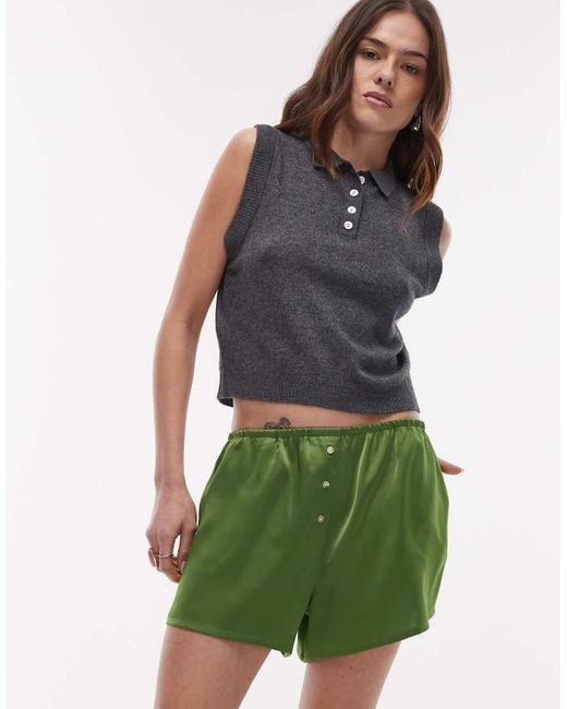 TOPSHOP Green Satin Knicker Short With Buttons