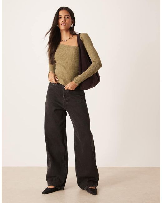 ASOS Natural Supersoft Asymmetric Neck Waist Detail Long Sleeve Top