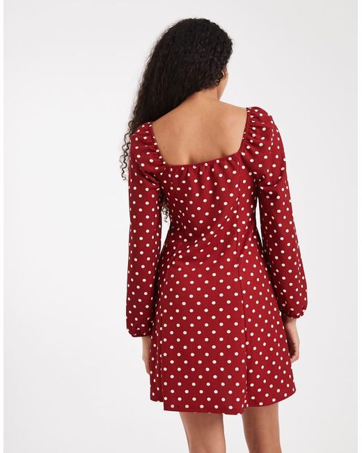 New Look Red Polka Dot Long Sleeve Milkmaid Mini Dress