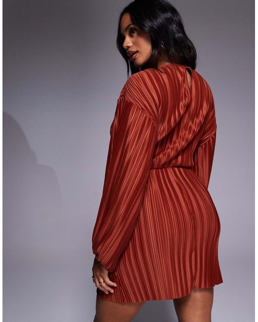 ASOS Red Plisse Blouson Sleeve And Waist Mini Dress