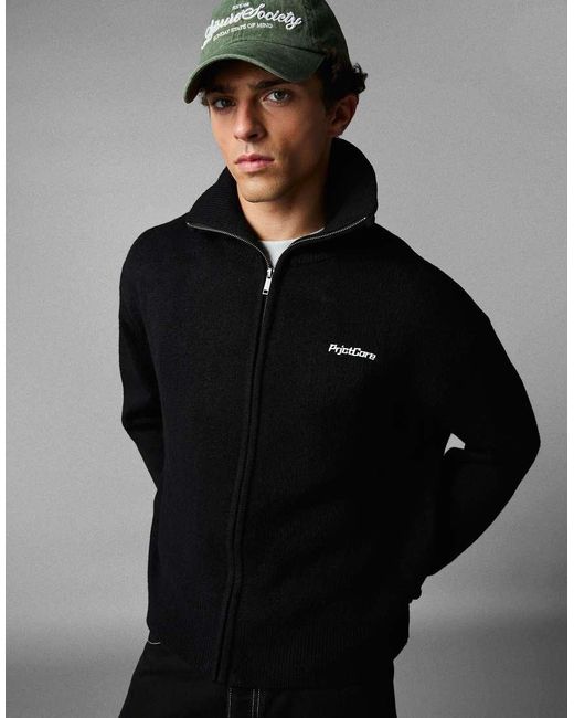 Bershka Black Boxy Zip-Up Knit Jacket for men