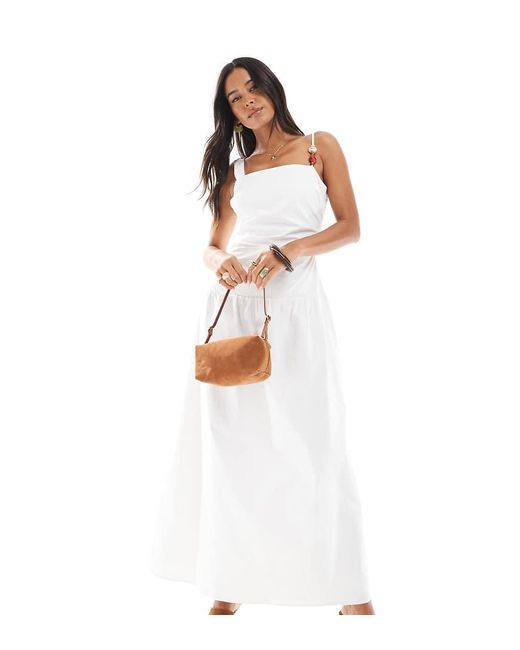 4th & Reckless White Exclusive Linen Look Cotton Dropped Waist Strap Bead Detail Midaxi Dress
