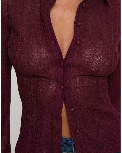 Princess Polly Blue When You Sleep Semi Sheer Knit Long Sleeve Jersey Button Through Fitted Shirt