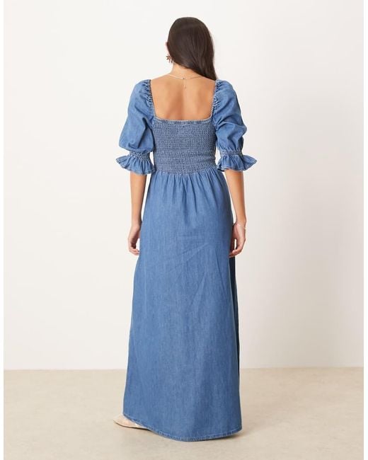 ASOS Blue Soft Denim Puff Sleeve Maxi Dress With Shirring