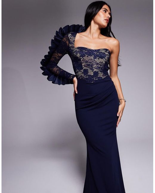 Goddiva Blue One Shoulder Organza Fan Detail Lace Bodice Maxi Dress