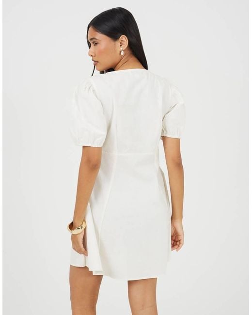 Brave Soul White Puff Sleeve Mini Dress With Floral Embroidery