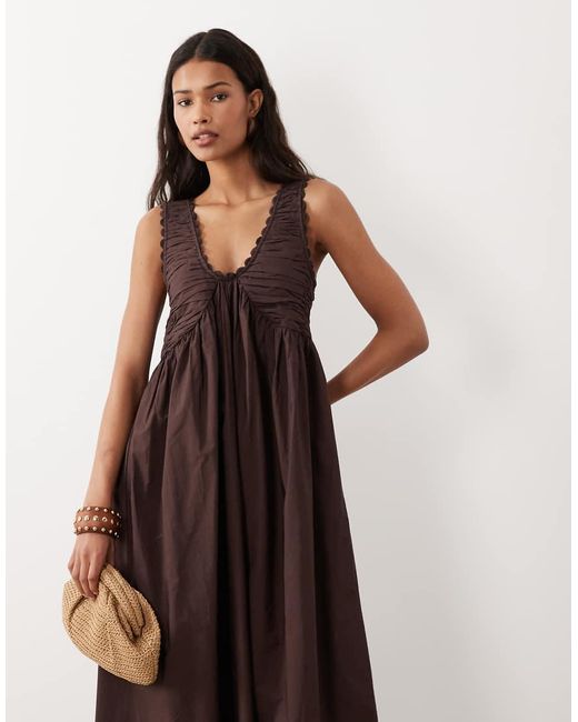 ASOS Brown V Neck Scalloped Maxi Dress With Back Tie