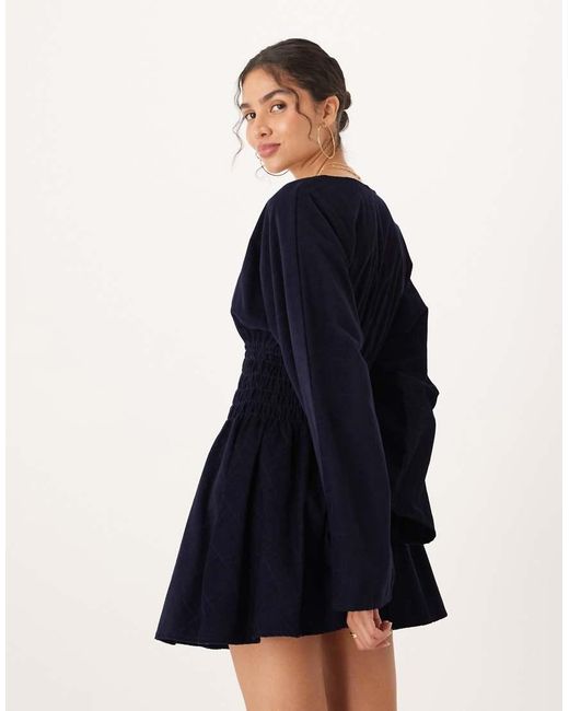 ASOS Blue Cord V Neck Mini Dress With Shirred Waist