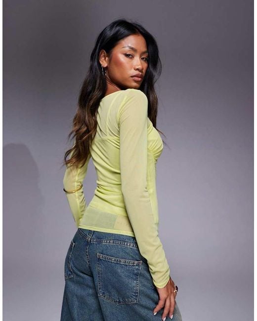 River Island Yellow Slash Neck Ruched Mesh Top