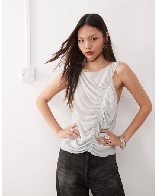 Weekday Gray Chiffon Sleeveless Blouse With Asymmetric Gathered Front Detail