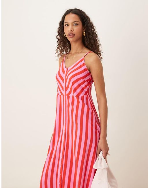 Vestito Lungo Con Spalline Sottili A Righe Rosa E Rosse Con Bottoni di Y.A.S in Red