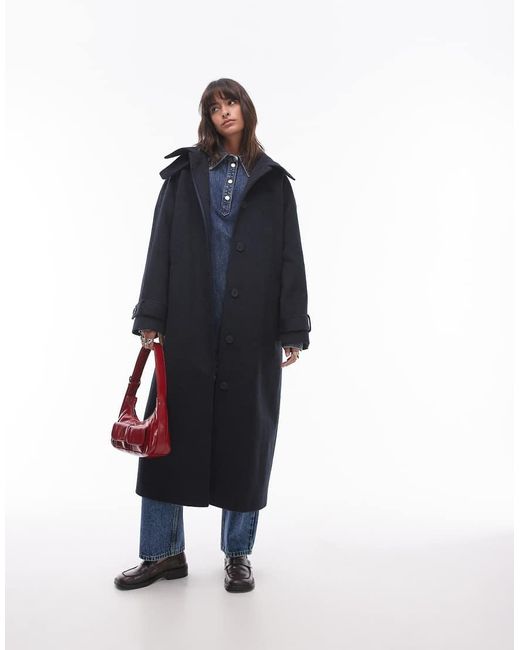 TOPSHOP Blue Tab Belted Car Coat Twill
