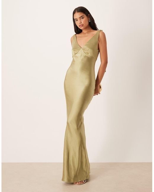 Pretty Lavish Natural Bridesmaid Piper Satin Bow Shoulders V-neck Maxi Dress