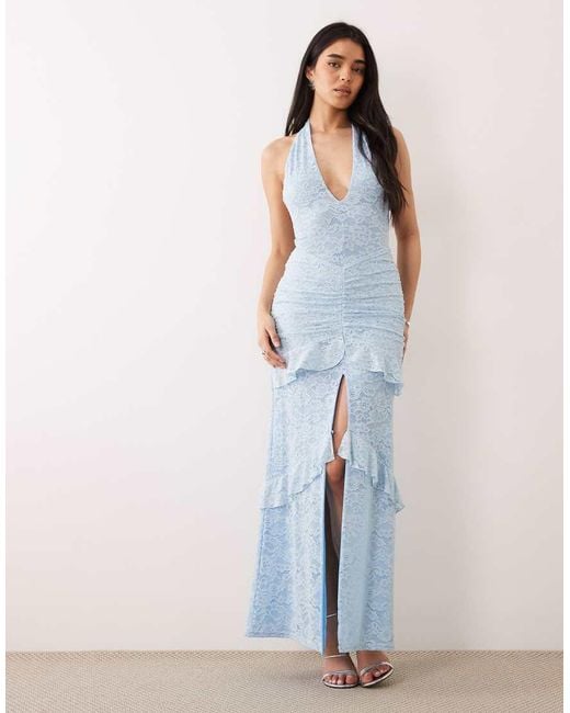 Murci Blue Lace Halterneck Plunge Tiered Ruffle Skirt Maxi Dress